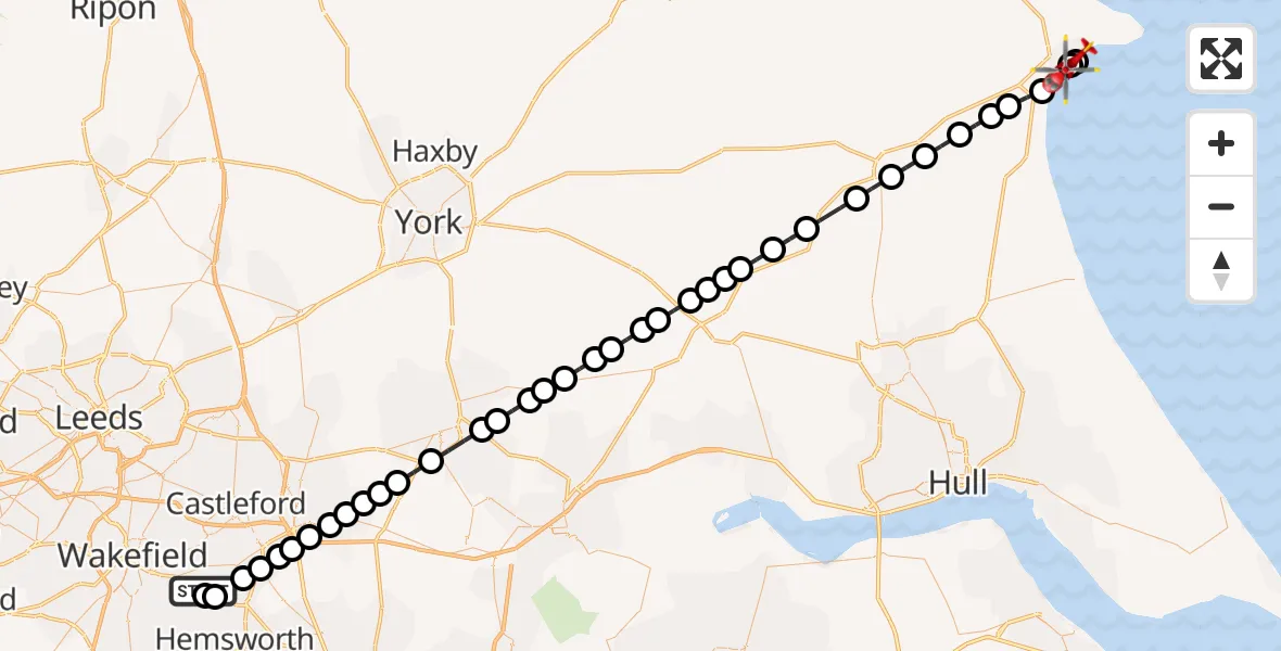 Flight path map showing Air Ambulance Helicopter route from YAA Nostell Helicopter Port to Bridlington