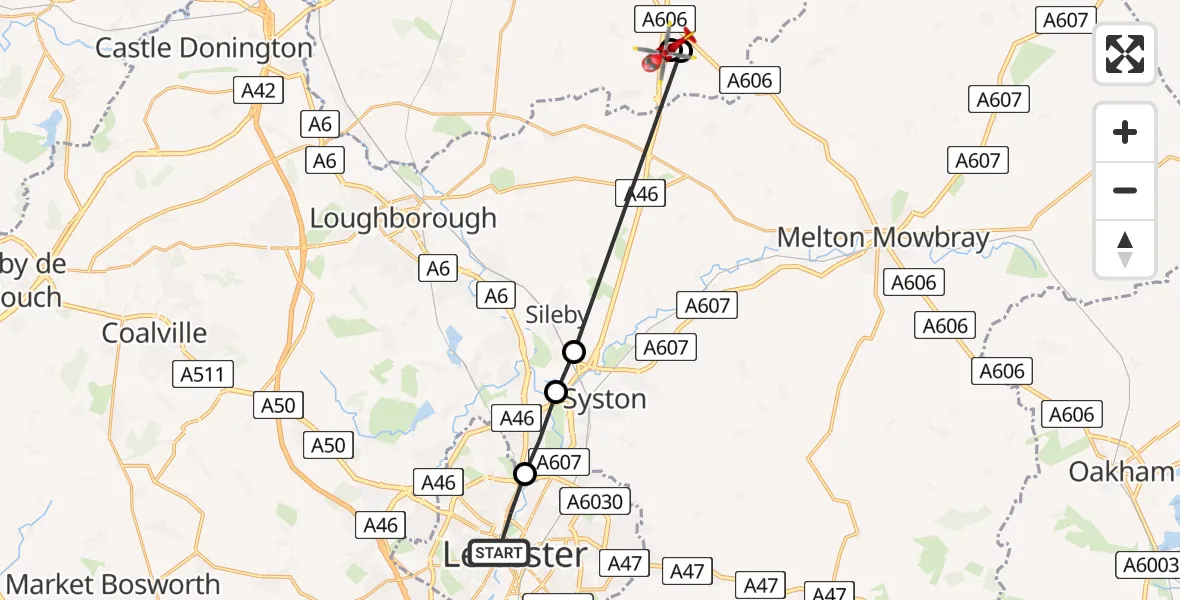 Flight path map showing Air Ambulance Helicopter route from Leicester to Nottingham Heliport