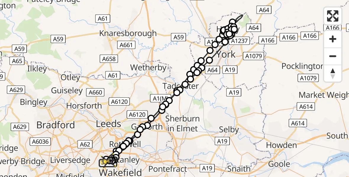 Flight path map showing Police Helicopter route from Wrenthorpe to East Ardsley