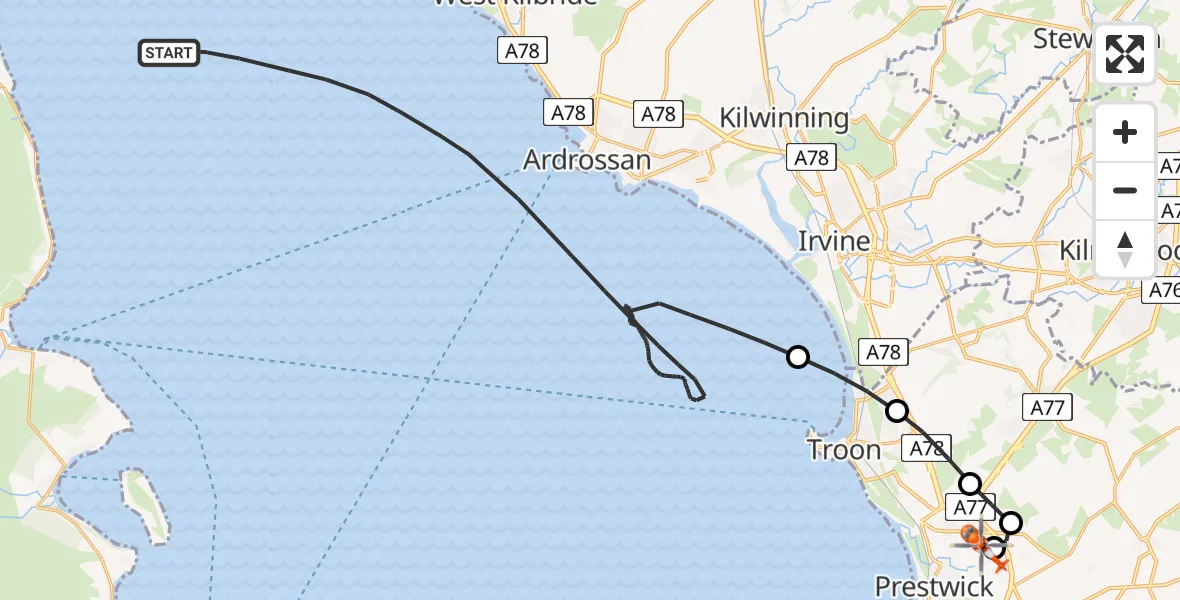 Flight path map showing Coastguard Helicopter route from Inner Seas to Glasgow Prestwick Airport