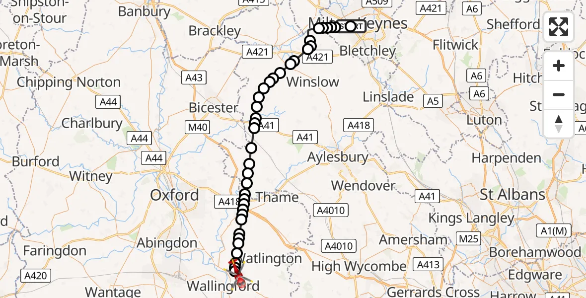 Flight path map showing Air Ambulance Helicopter route from Wolverton to RAF Benson