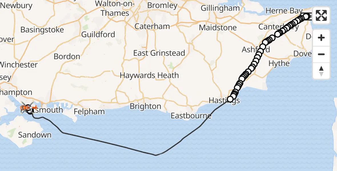 Flight path map showing Coastguard Helicopter route from Manston Airport to Solent Airport
