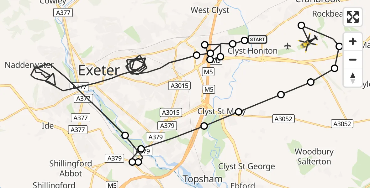 Flight path map showing Police Helicopter route from Clyst Honiton to Exeter International Airport