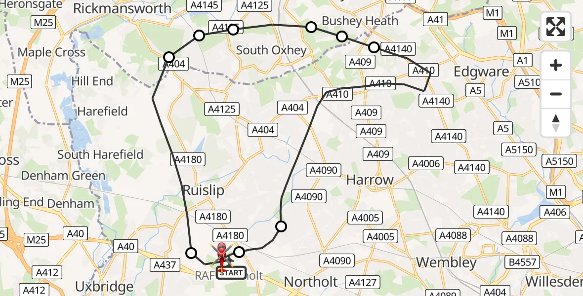 Flight path map showing Air Ambulance Helicopter route from RAF Northolt to RAF Northolt