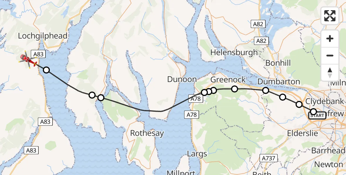 Flight path map showing Air Ambulance Helicopter route from Glasgow Airport to Lochgilphead