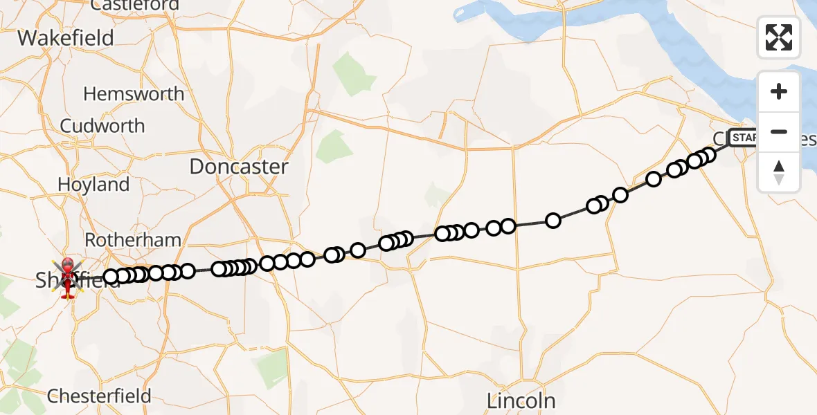 Flight path map showing Air Ambulance Helicopter route from Grimsby to Sheffield Childrens Hospital