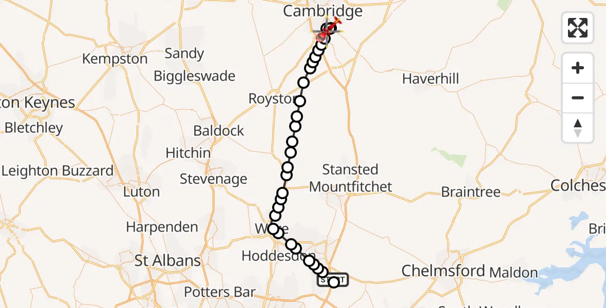 Flight path map showing Air Ambulance Helicopter route from North Weald Airfield to Papworth Hospital