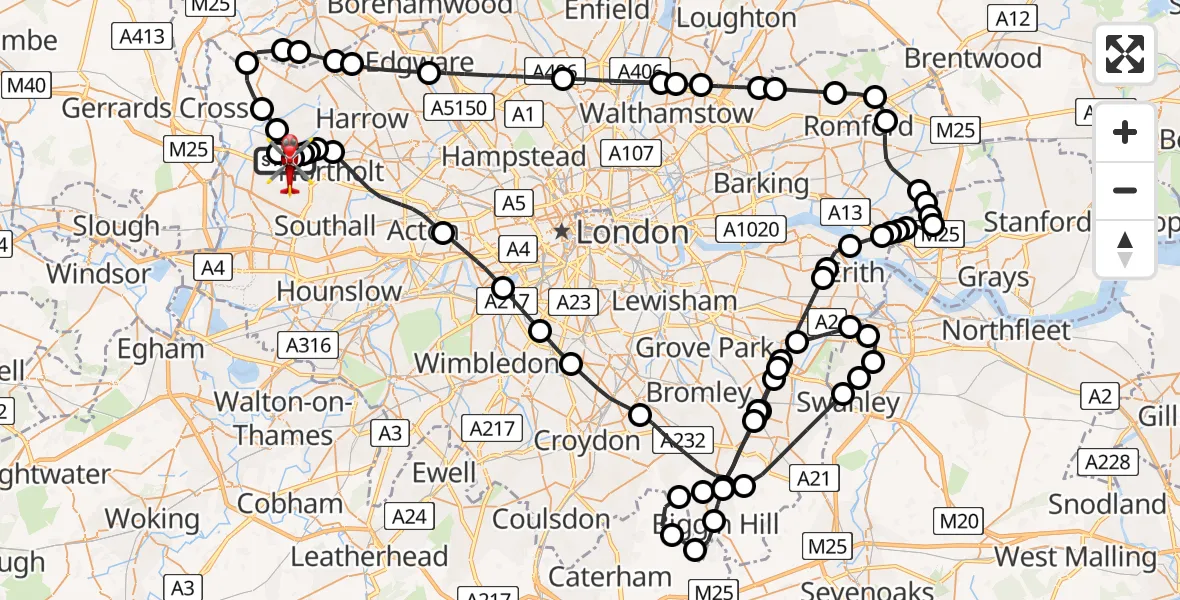 Flight path map showing Air Ambulance Helicopter route from RAF Northolt to RAF Northolt