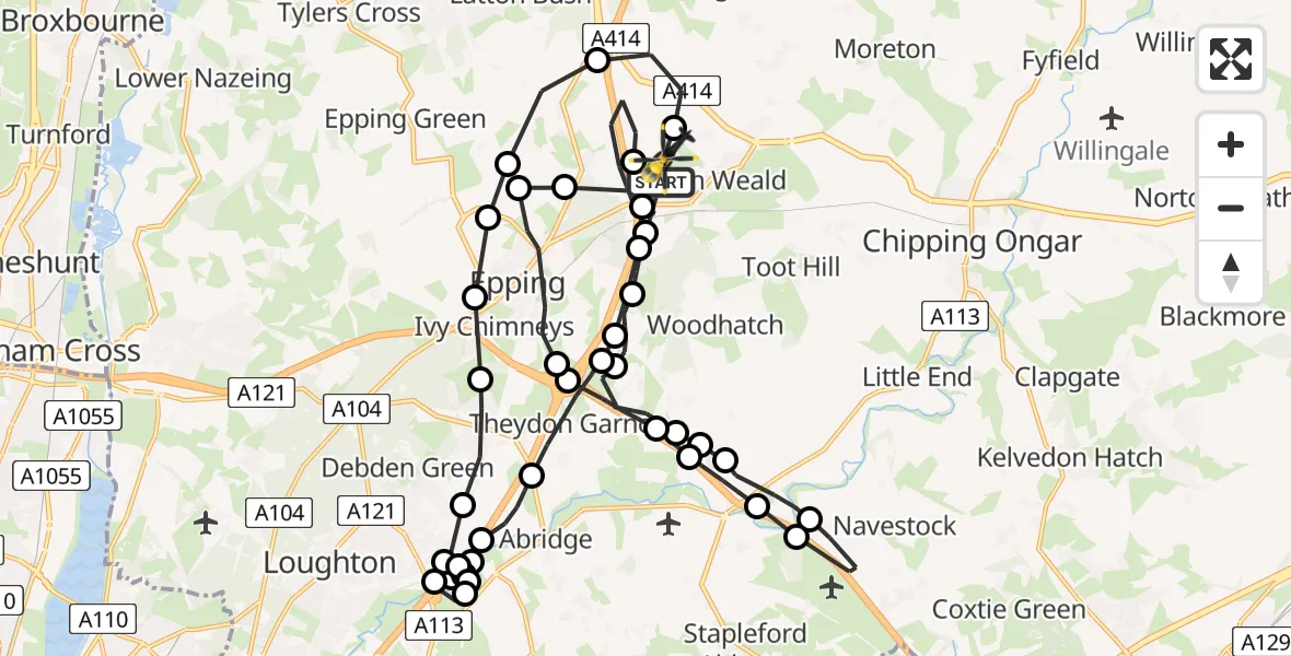 Flight path map showing Police Helicopter route from North Weald Airfield to North Weald Airfield
