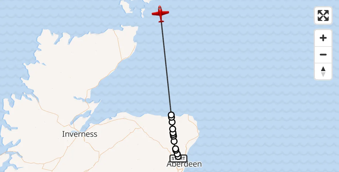 Flight path map showing Air Ambulance Aircraft route from Aberdeen International Airport to North Sea
