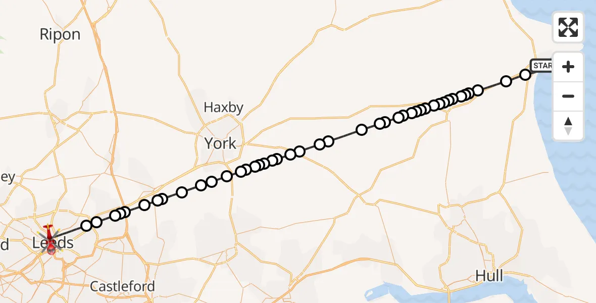 Flight path map showing Air Ambulance Helicopter route from Bridlington to Leeds
