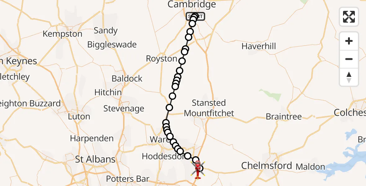 Flight path map showing Air Ambulance Helicopter route from Papworth Hospital to North Weald Airfield