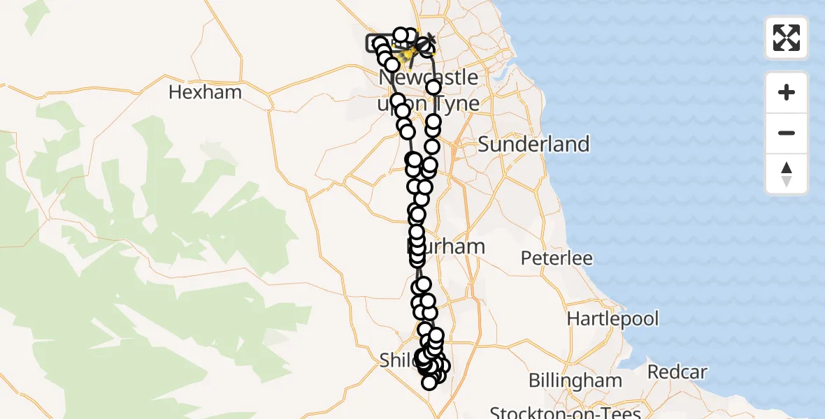Flight path map showing Police Helicopter route from Newcastle International Airport to Newcastle upon Tyne