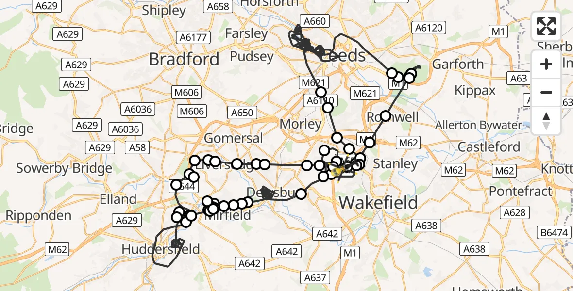 Flight path map showing Police Helicopter route from East Ardsley to East Ardsley