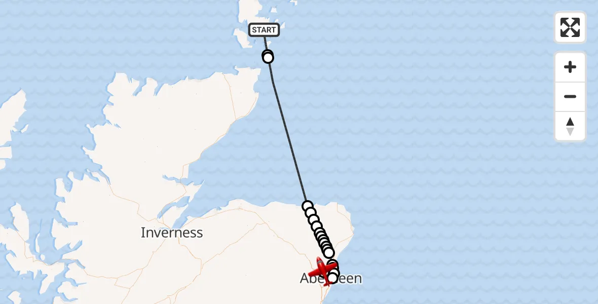 Flight path map showing Air Ambulance Aircraft route from North Atlantic Ocean to Aberdeen International Airport
