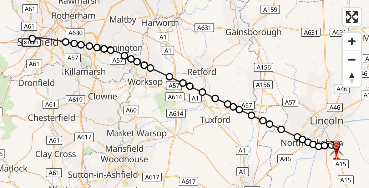 Flight path map showing Air Ambulance Helicopter route from Sheffield Childrens Hospital to North Kesteven
