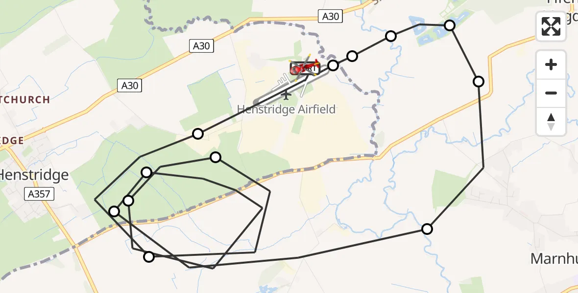 Flight path map showing Air Ambulance Helicopter route from Henstridge Airfield to Henstridge Airfield