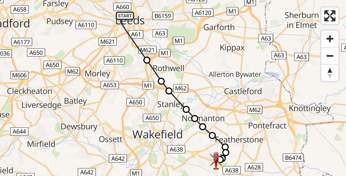 Flight path map showing Air Ambulance Helicopter route from Leeds to YAA Nostell Helicopter Port