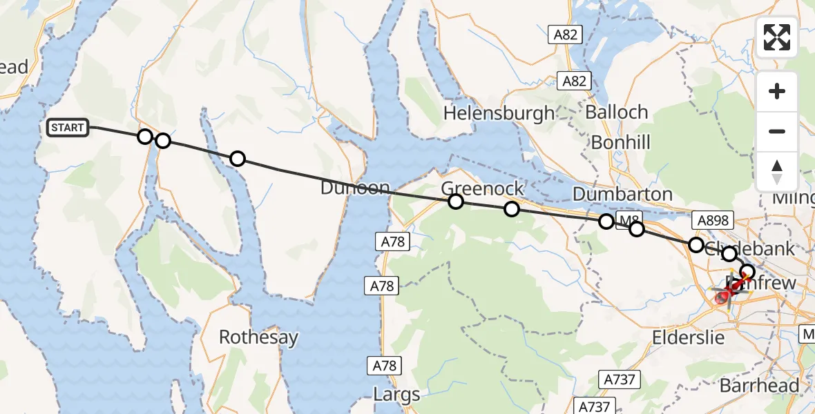 Flight path map showing Air Ambulance Helicopter route from Inner Seas to Glasgow Airport