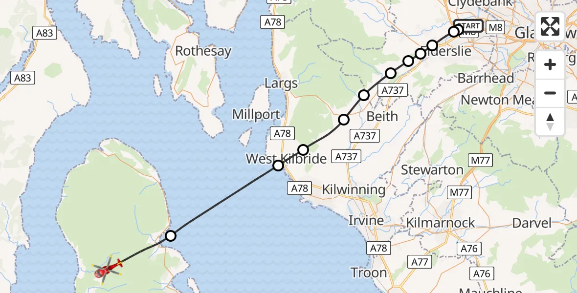 Flight path map showing Air Ambulance Helicopter route from Glasgow Airport to Ballymichael
