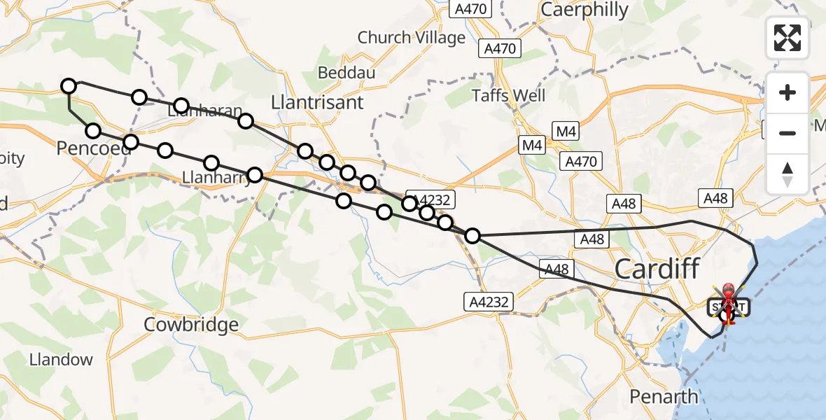 Flight path map showing Air Ambulance Helicopter route from Cardiff Heliport to Cardiff Heliport