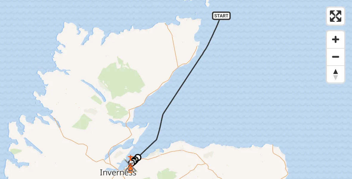 Flight path map showing Coastguard Helicopter route from North Sea to Inverness Airport