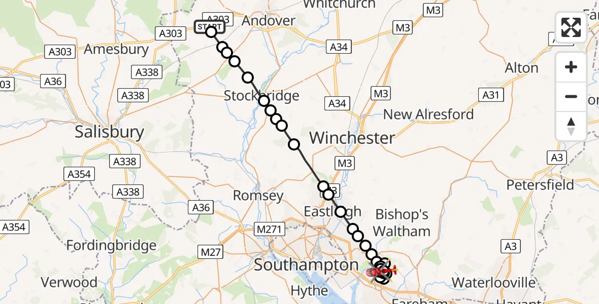 Flight path map showing Air Ambulance Helicopter route from Thruxton Aerodrome to Whiteley