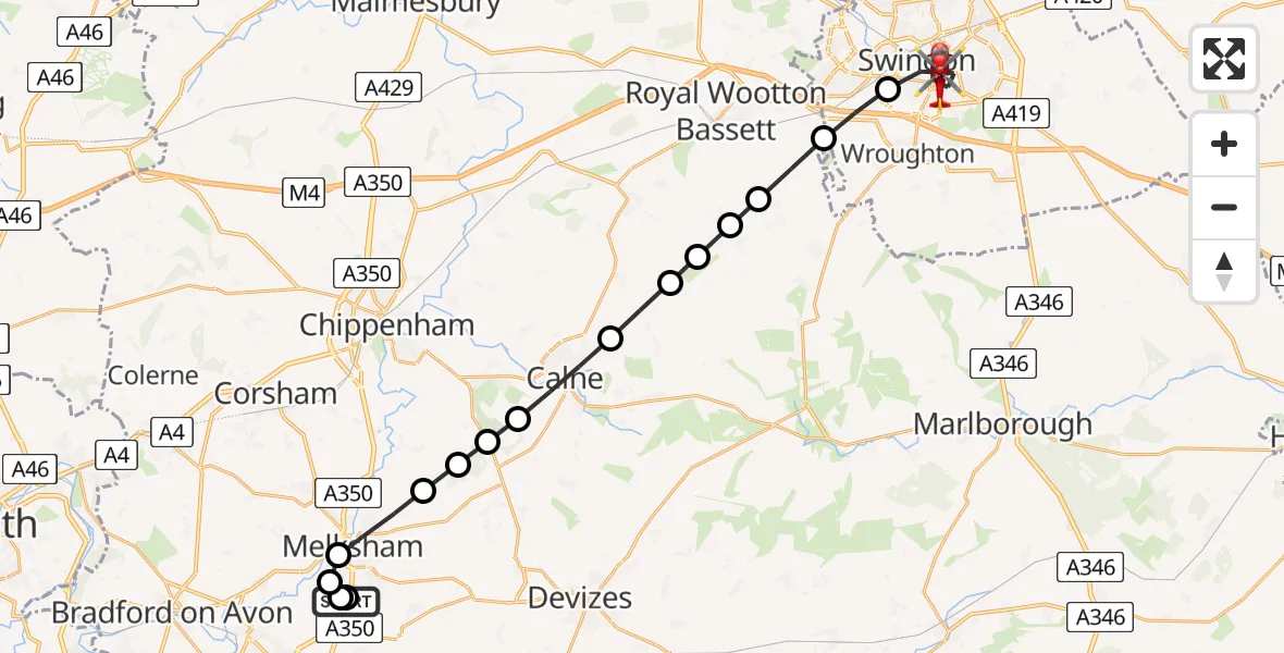Flight path map showing Air Ambulance Helicopter route from Wiltshire Air Ambulance to Swindon