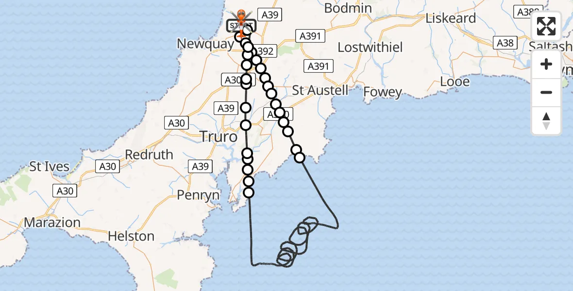 Flight path map showing Coastguard Helicopter route from Cornwall Airport Newquay to Cornwall Airport Newquay