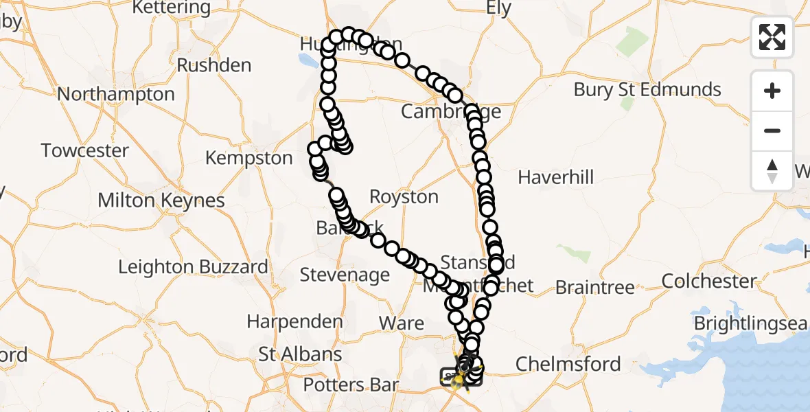 Flight path map showing Police Helicopter route from North Weald Airfield to North Weald Airfield