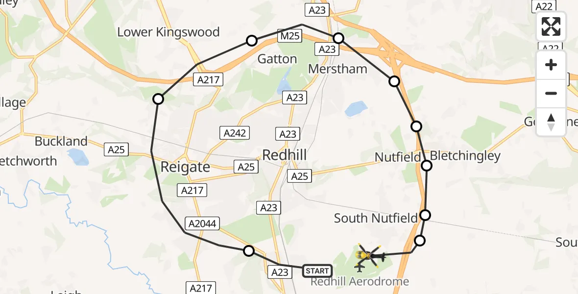 Flight path map showing Police Helicopter route from Salfords to Tandridge