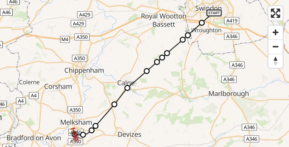 Flight path map showing Air Ambulance Helicopter route from Swindon to Wiltshire Air Ambulance