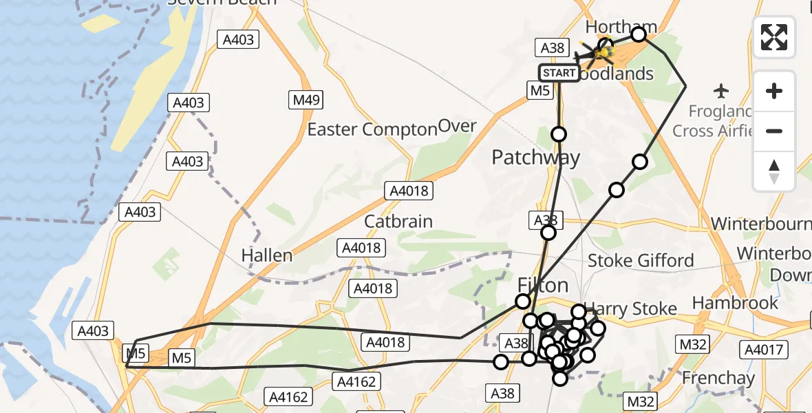 Flight path map showing Police Helicopter route from Almondsbury to Almondsbury Helicopter Base