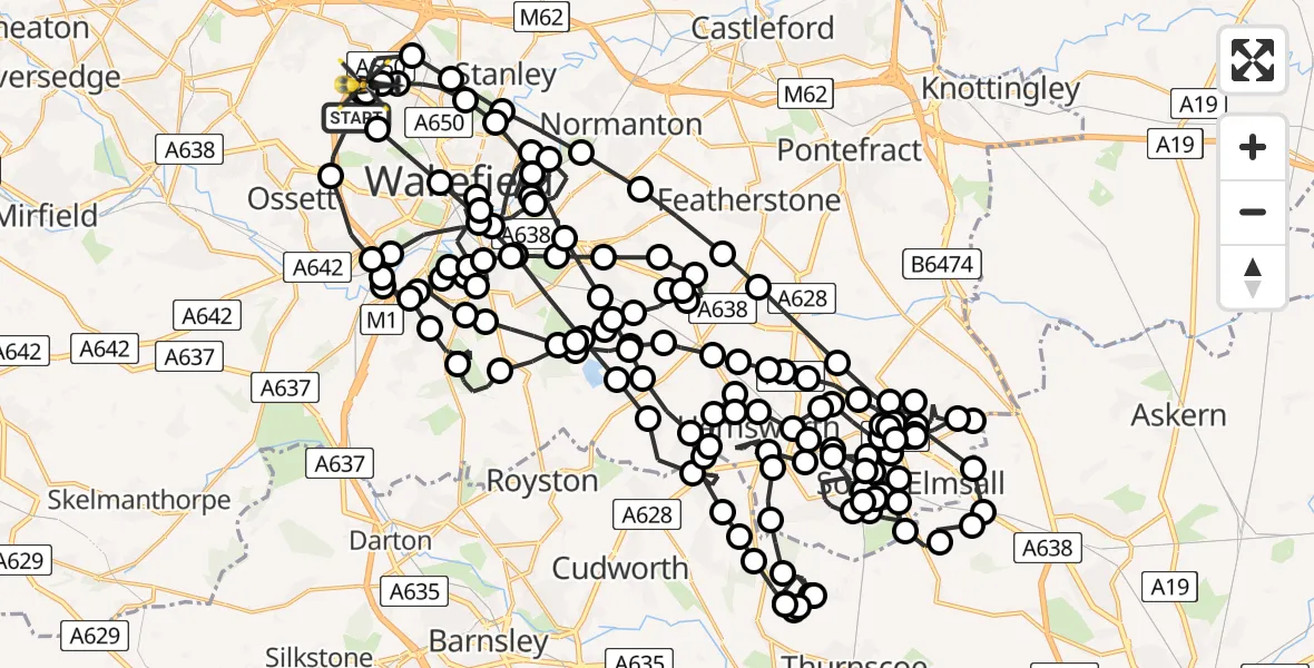 Flight path map showing Police Helicopter route from Ossett to East Ardsley