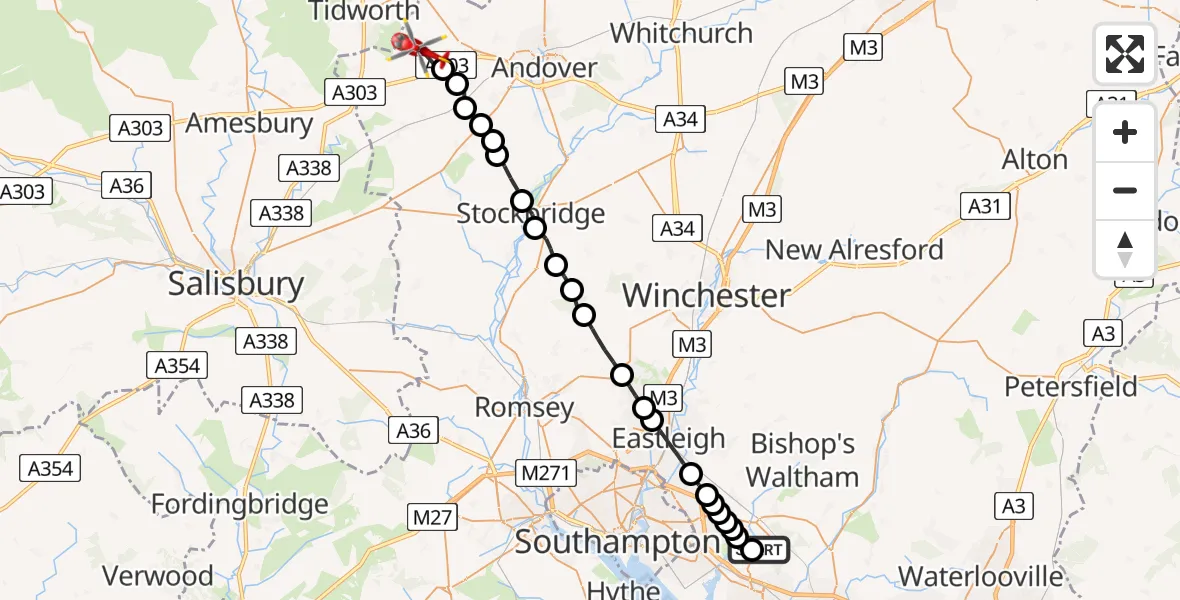 Flight path map showing Air Ambulance Helicopter route from Curbridge to Kimpton