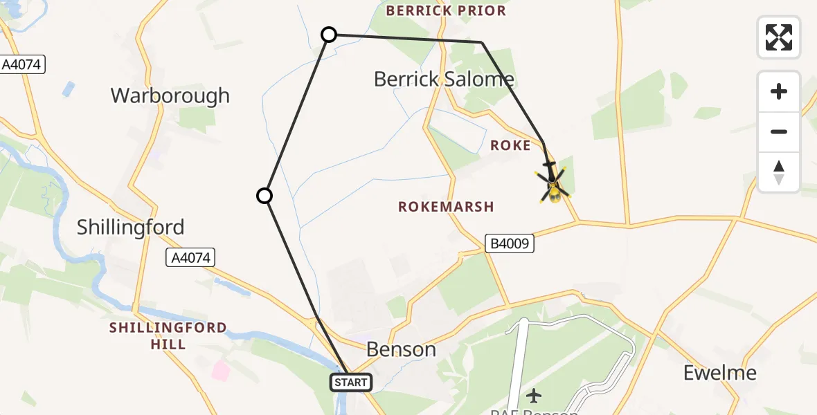 Flight path map showing Police Helicopter route from Benson to Ewelme