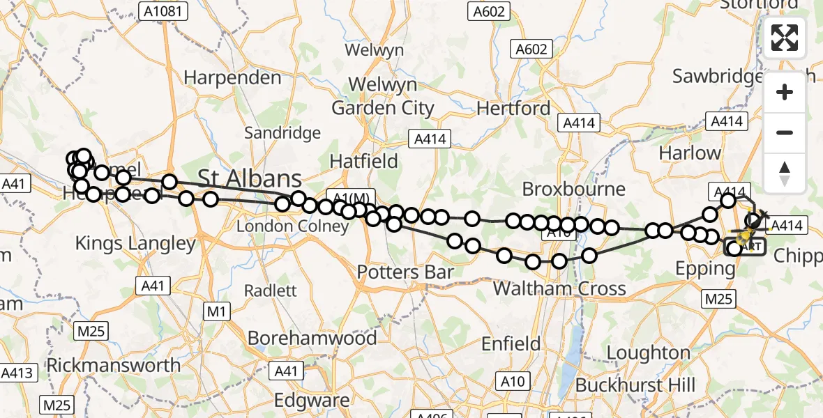 Flight path map showing Police Helicopter route from North Weald Airfield to North Weald Airfield