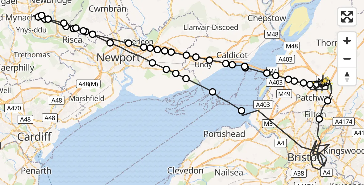 Flight path map showing Police Helicopter route from Almondsbury Helicopter Base to Almondsbury Helicopter Base