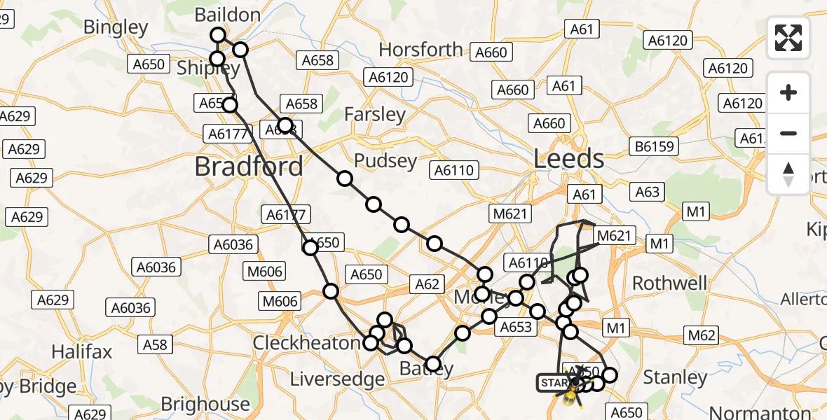 Flight path map showing Police Helicopter route from East Ardsley to East Ardsley