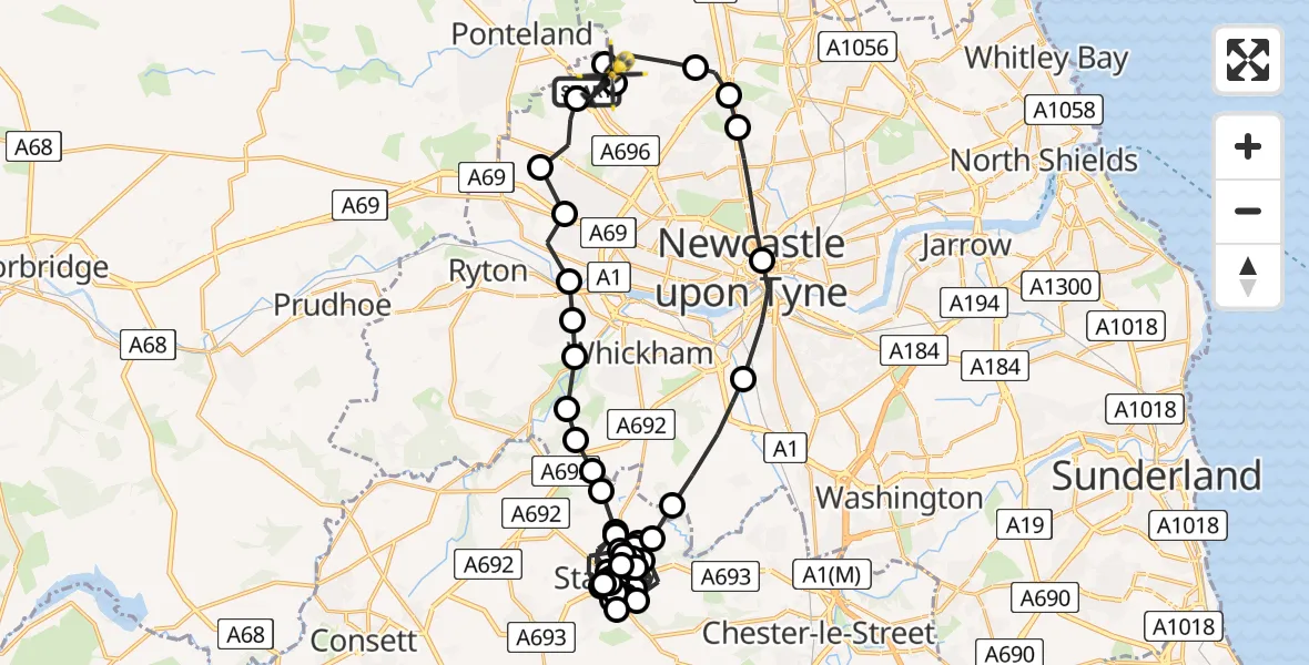 Flight path map showing Police Helicopter route from Newcastle International Airport to Newcastle International Airport