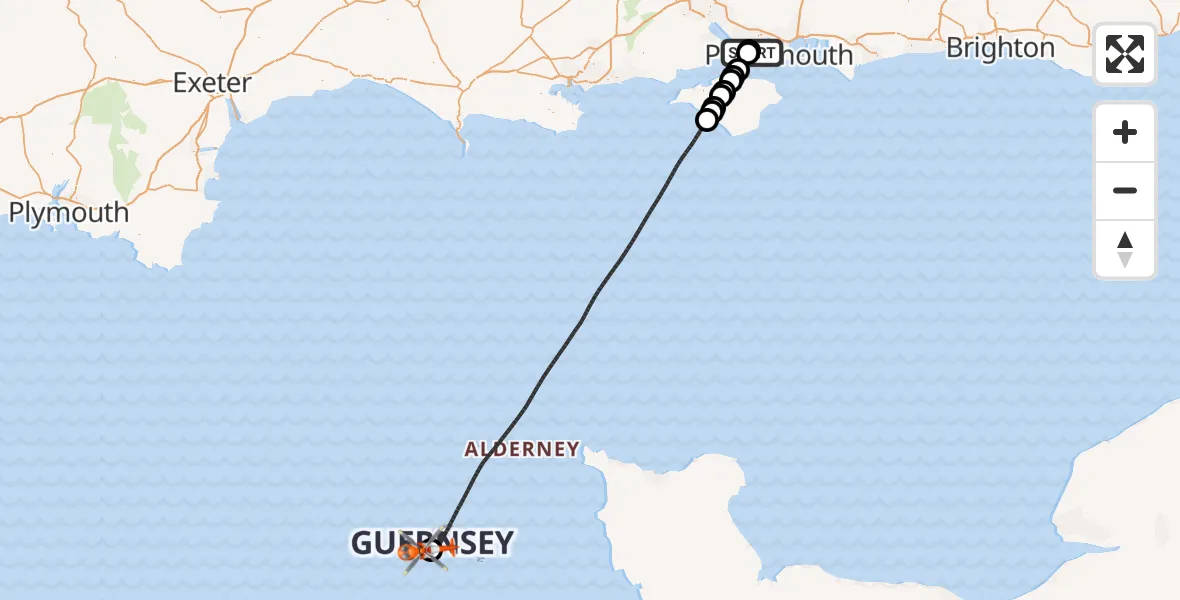 Flight path map showing Coastguard Helicopter route from Solent Airport to Guernsey Airport