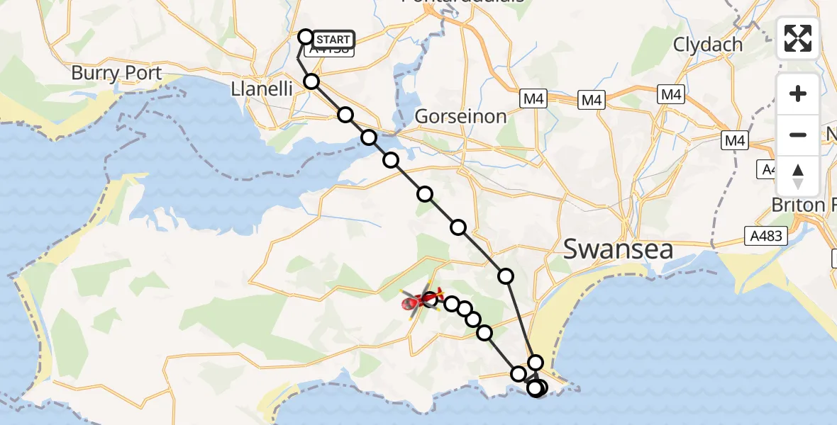 Flight path map showing Air Ambulance Helicopter route from Dafen to Swansea Airport