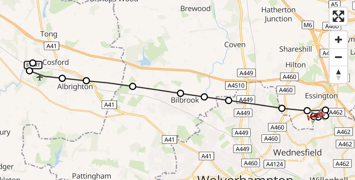 Flight path map showing Air Ambulance Helicopter route from RAF Cosford to Essington