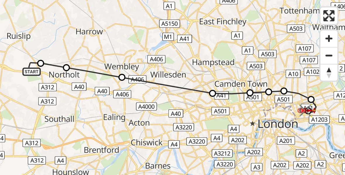 Flight path map showing Air Ambulance Helicopter route from RAF Northolt to Royal London Hospital