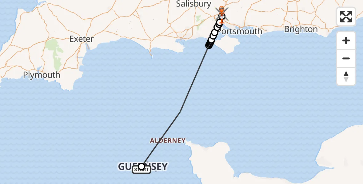Flight path map showing Coastguard Helicopter route from Guernsey Airport to Southampton Airport
