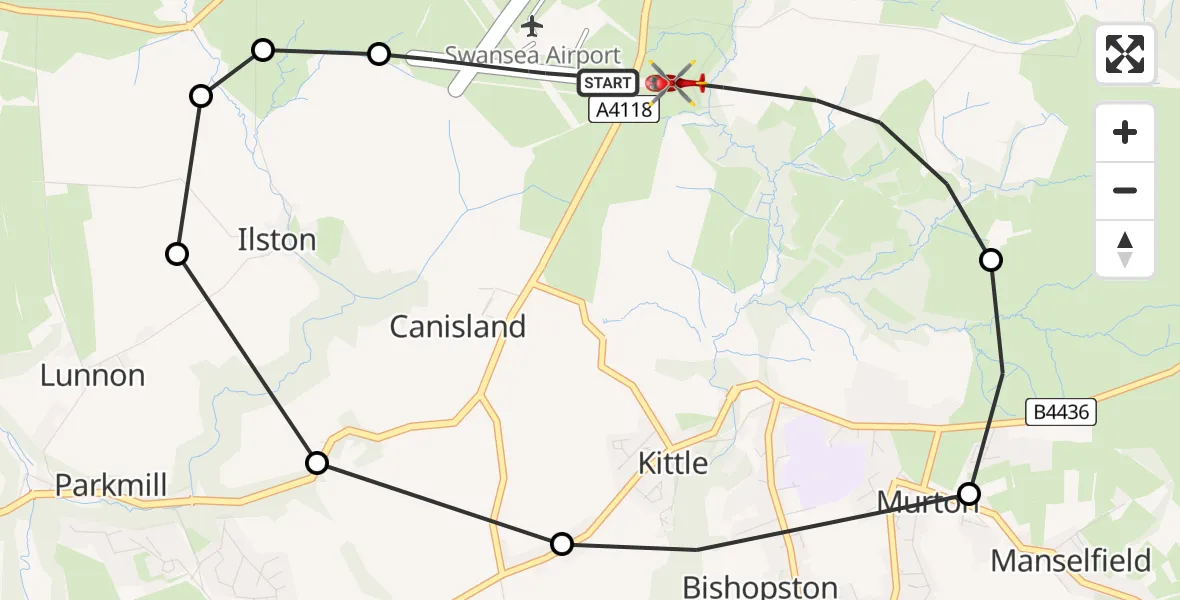 Flight path map showing Air Ambulance Helicopter route from Swansea Airport to Upper Killay