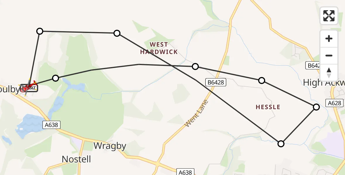 Flight path map showing Air Ambulance Helicopter route from YAA Nostell Helicopter Port to YAA Nostell Helicopter Port