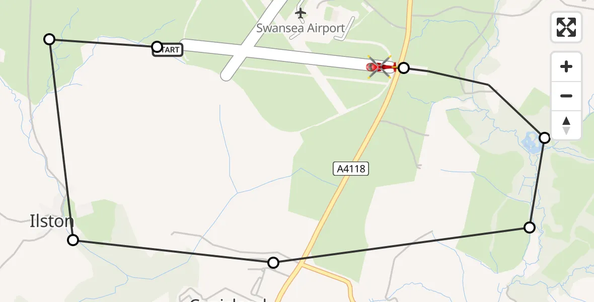 Flight path map showing Air Ambulance Helicopter route from Swansea Airport to Swansea Airport