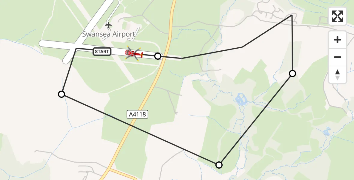 Flight path map showing Air Ambulance Helicopter route from Swansea Airport to Swansea Airport