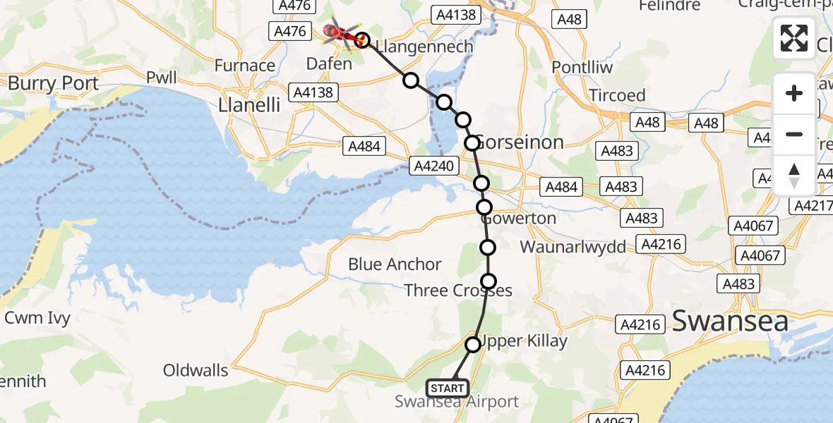 Flight path map showing Air Ambulance Helicopter route from Swansea Airport to Dafen